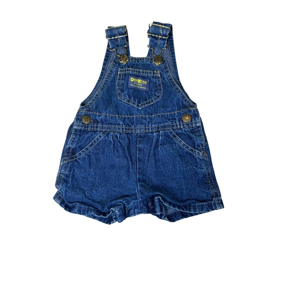 Vintage OshKosh B'Gosh Baby Blue Denim Shortalls Overalls Vestbak 6/9M USA